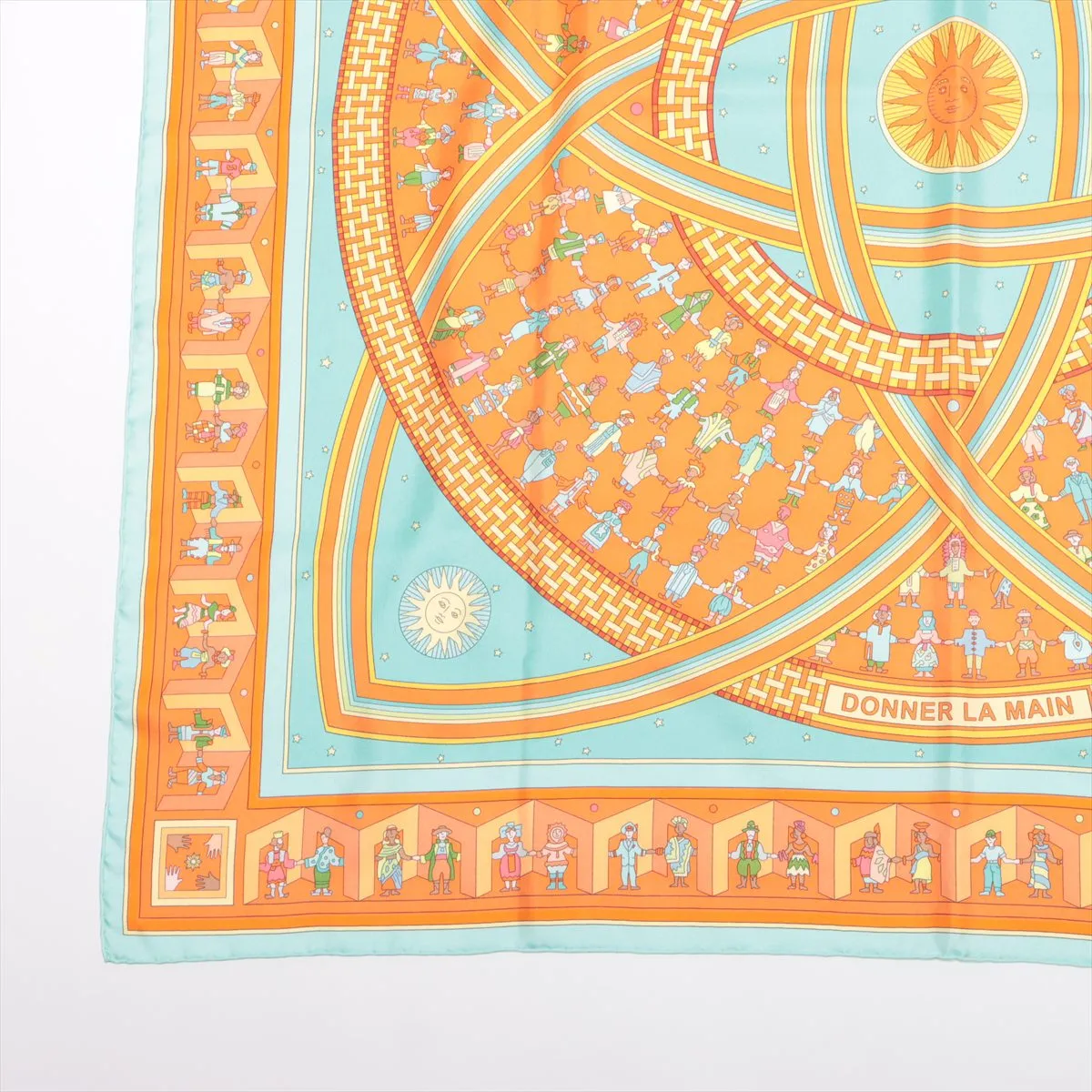 Carre 90 Donner La Main (Extending Hand) Scarf, Silk, Orange. Shows signs of wear, including snags, — view 5