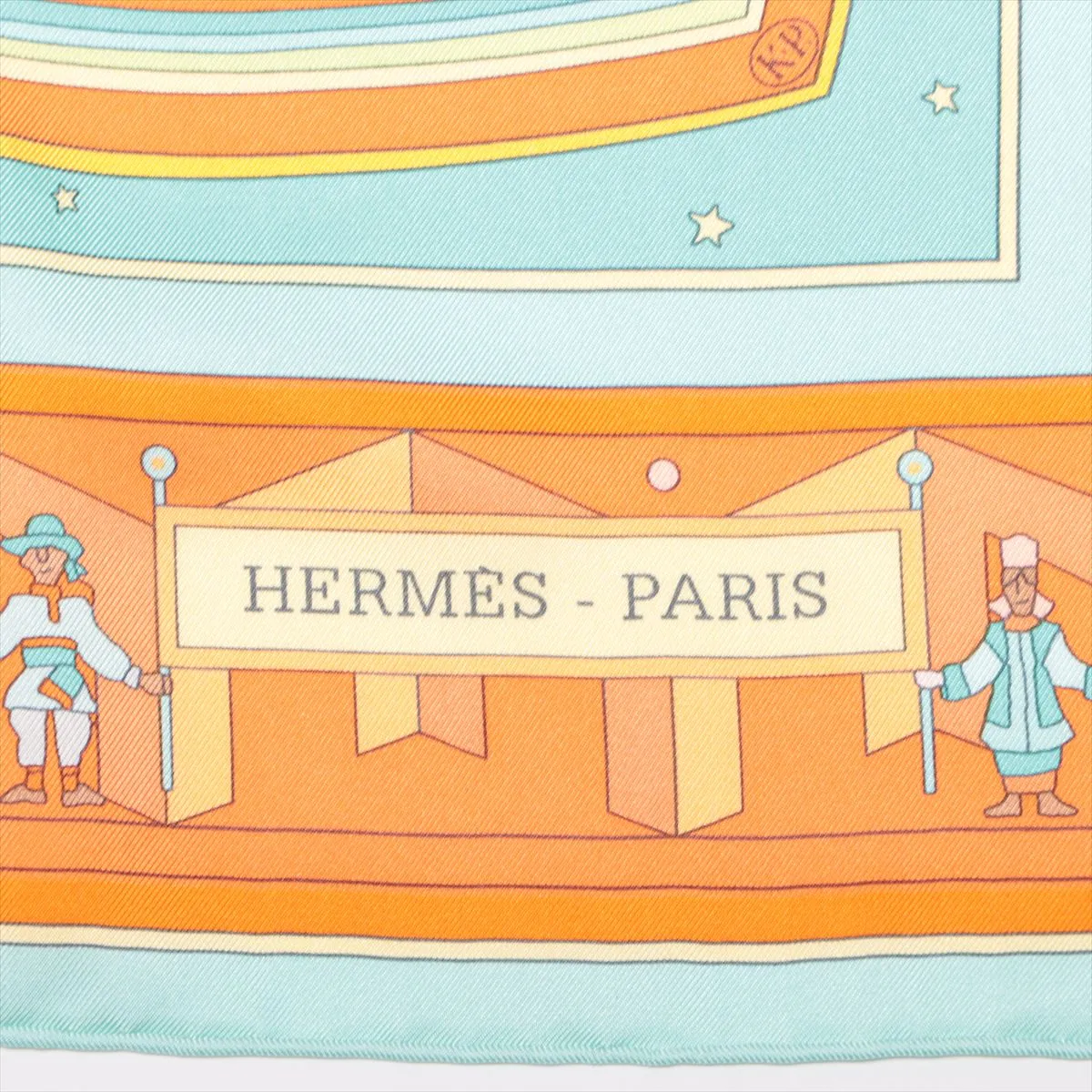 Carre 90 Donner La Main (Extending Hand) Scarf, Silk, Orange. Shows signs of wear, including snags, — view 6