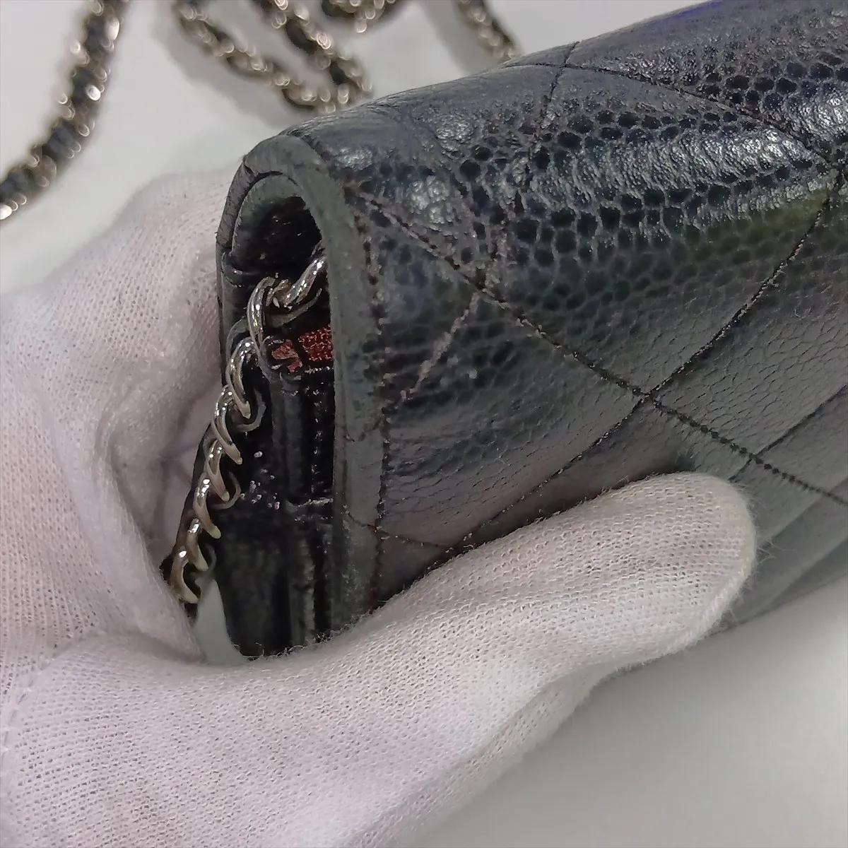 Matelassé Caviar Skin Chain Wallet, Black with Silver Hardware, 24610302, Serial Number 24, AP0250 — view 14