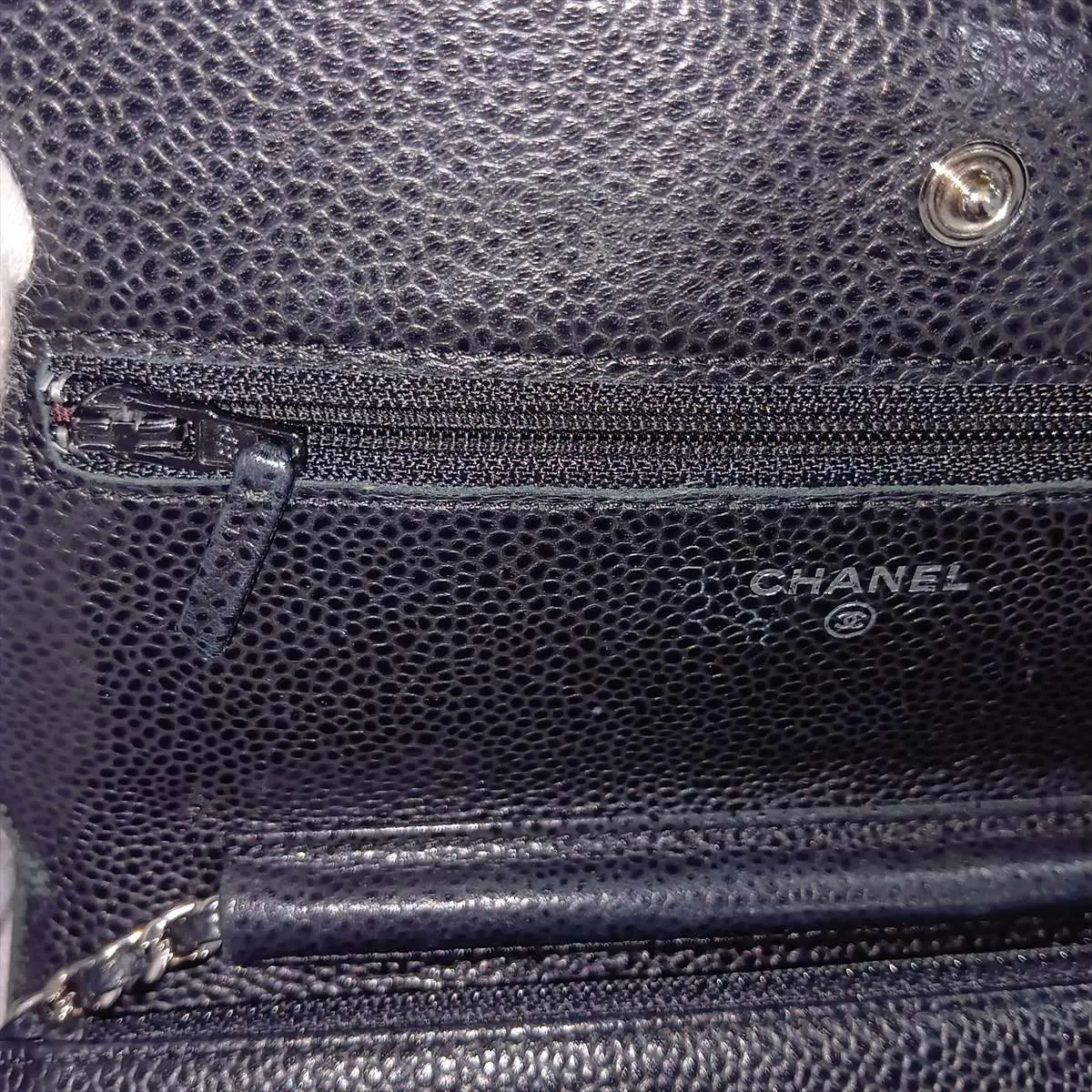 Matelassé Caviar Skin Chain Wallet, Black with Silver Hardware, 24610302, Serial Number 24, AP0250 — view 15
