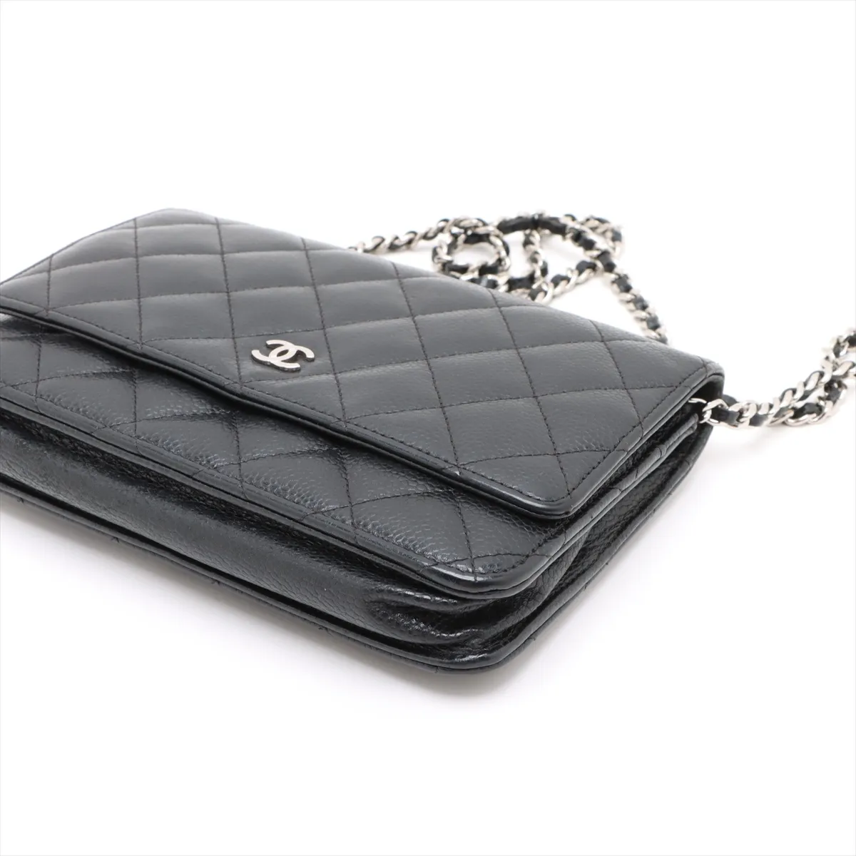 Matelassé Caviar Skin Chain Wallet, Black with Silver Hardware, 24610302, Serial Number 24, AP0250 — view 3