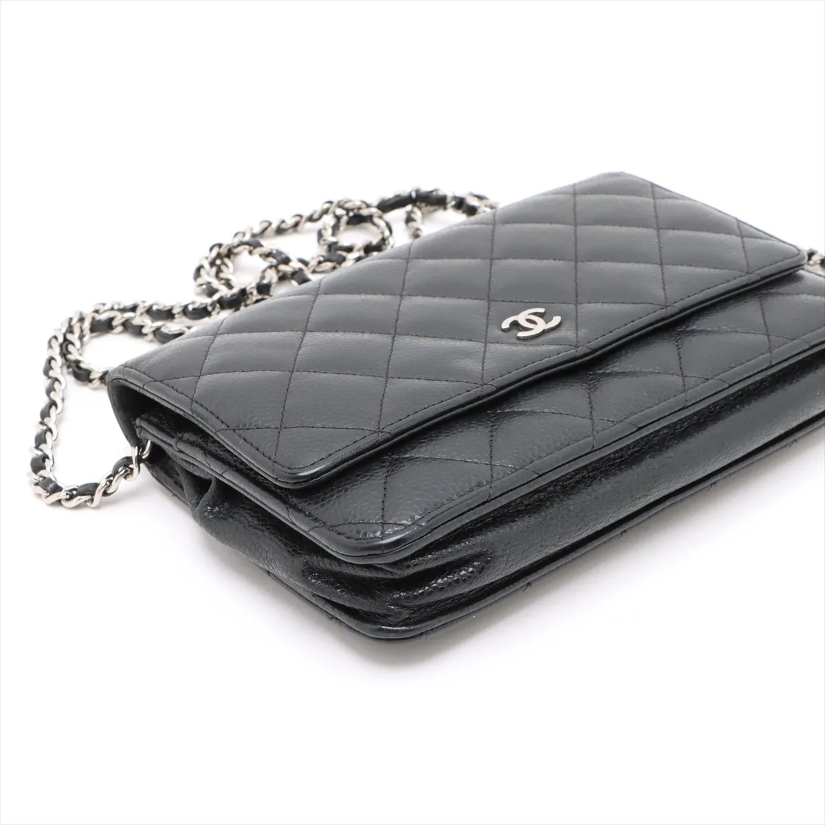 Matelassé Caviar Skin Chain Wallet, Black with Silver Hardware, 24610302, Serial Number 24, AP0250 — view 4
