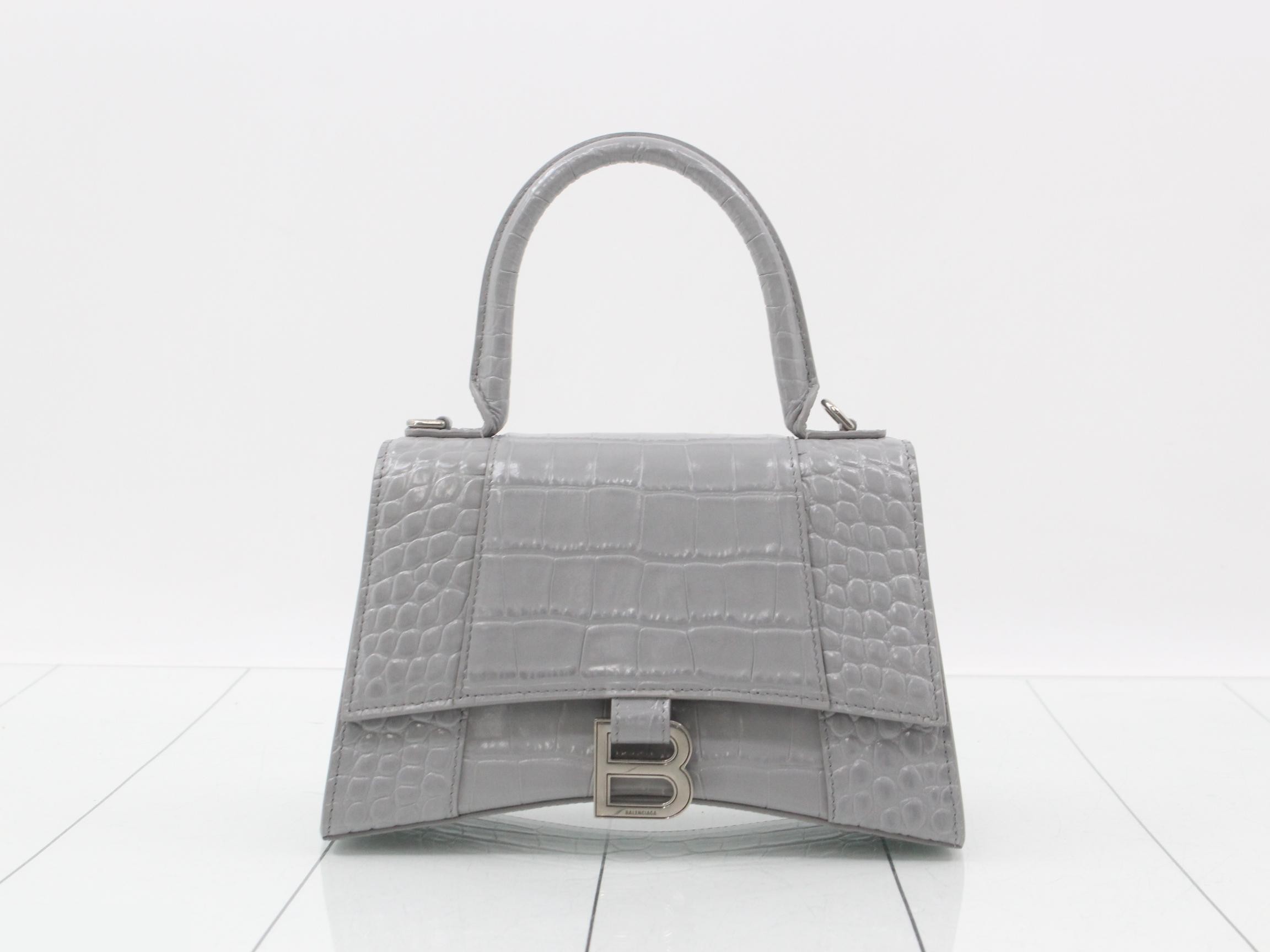 Hourglass Crocodile Embossed 2-Way Handbag, Gray, Unused, Stored Item