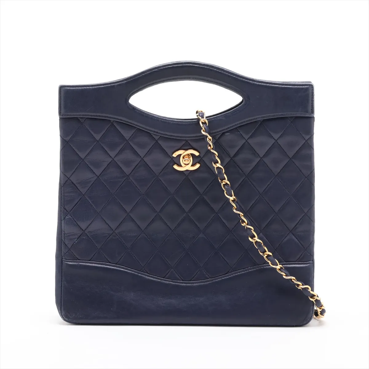 Matelassé Lambskin 2-Way Handbag, Navy, Gold Hardware