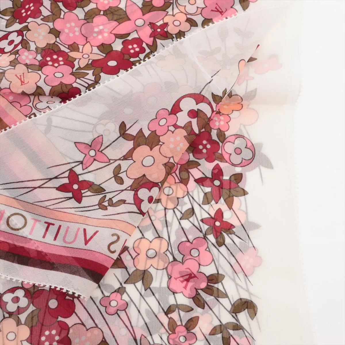 402470 Flower Scarf, Silk, White x Pink. Shows signs of wear, — view 2