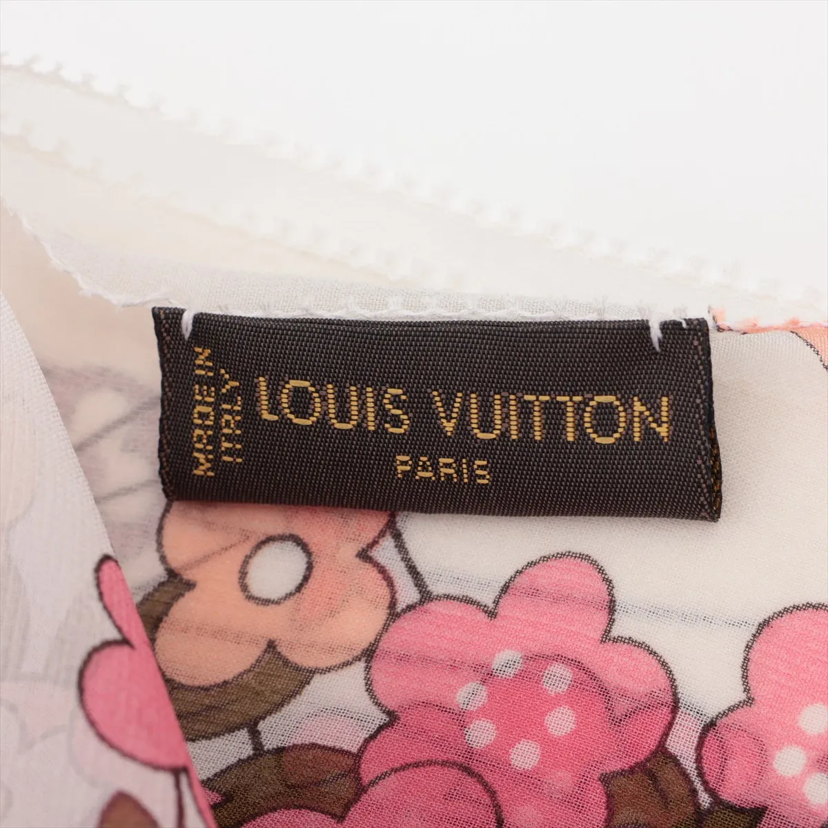 402470 Flower Scarf, Silk, White x Pink. Shows signs of wear, — view 3