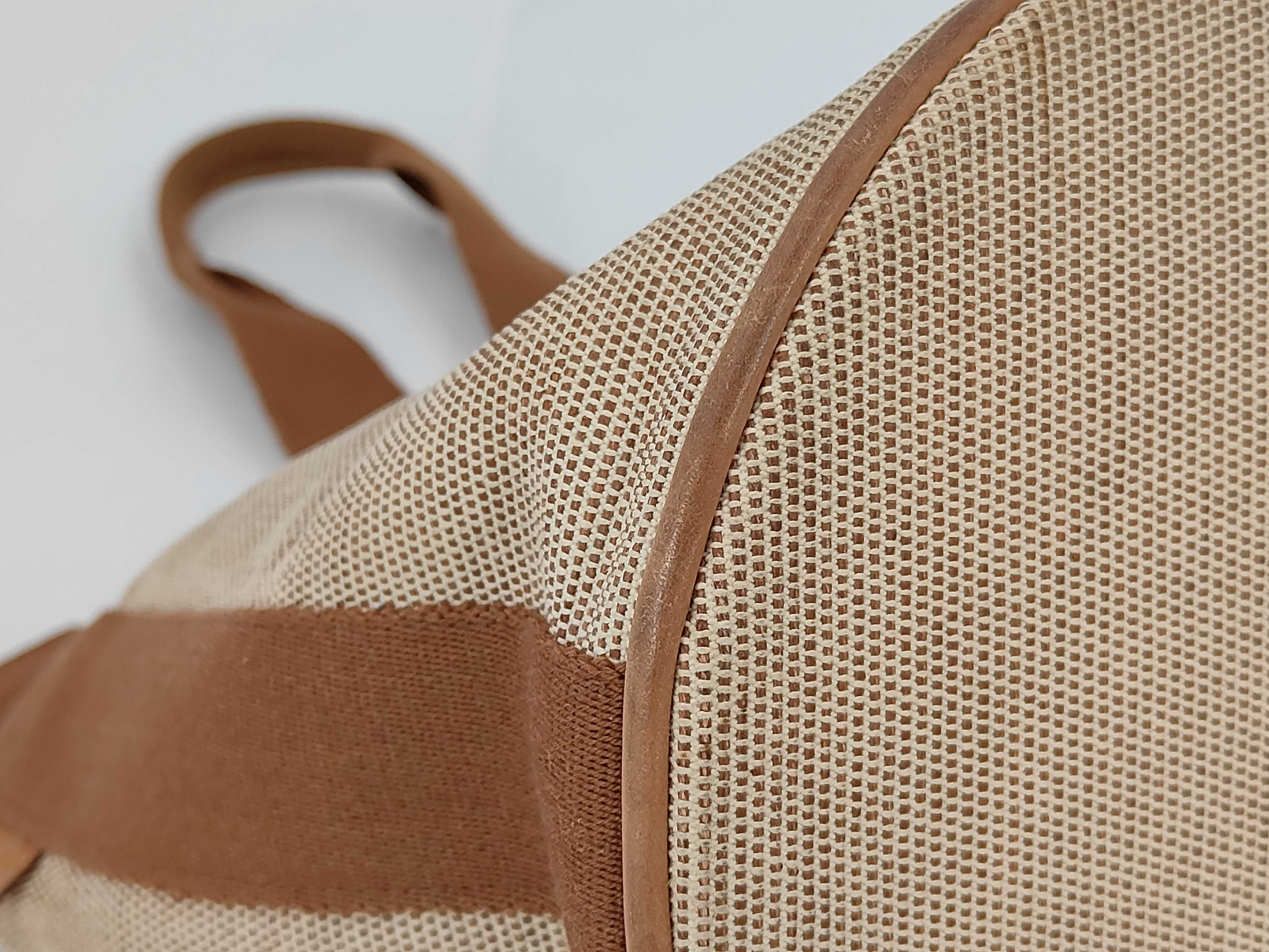 Saxo MM Canvas Tote Bag (Beige x Brown, Silver Hardware) — view 6