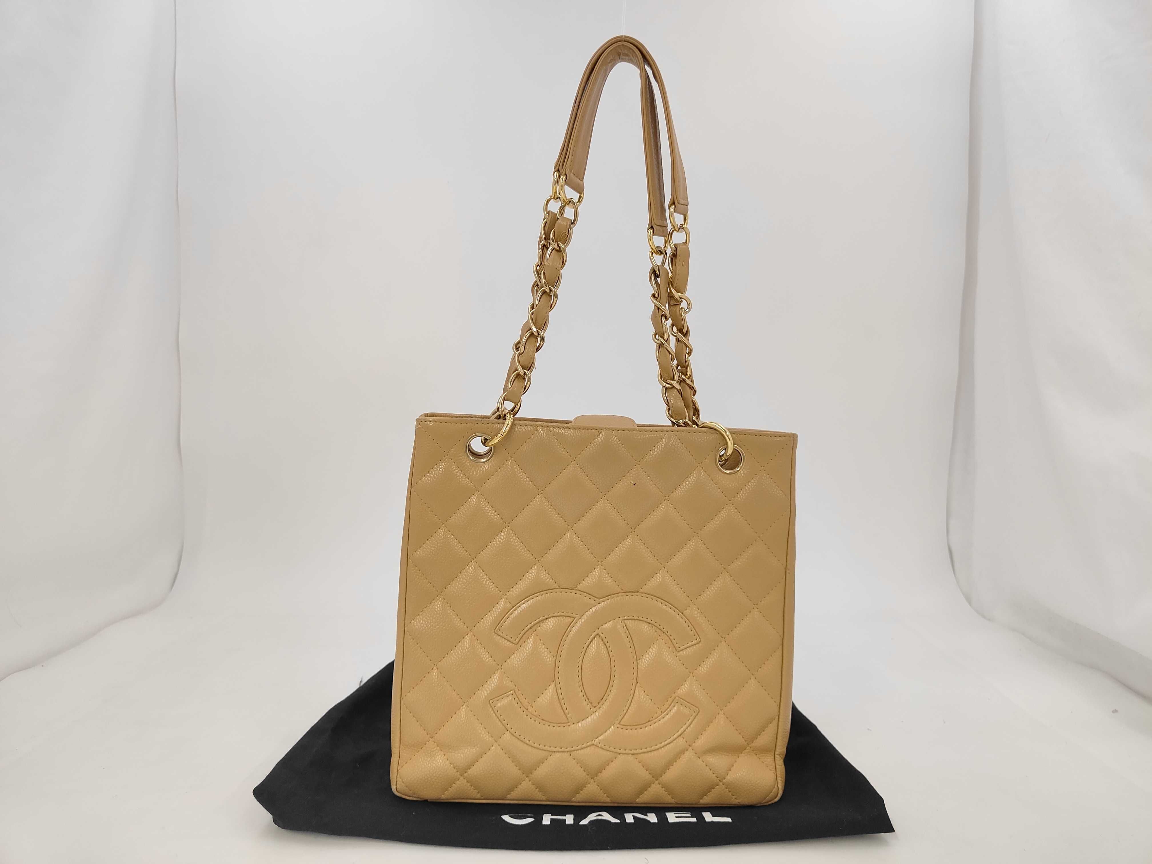 Caviar Skin Chain Tote Bag, Series 8, Beige, Gold Seal