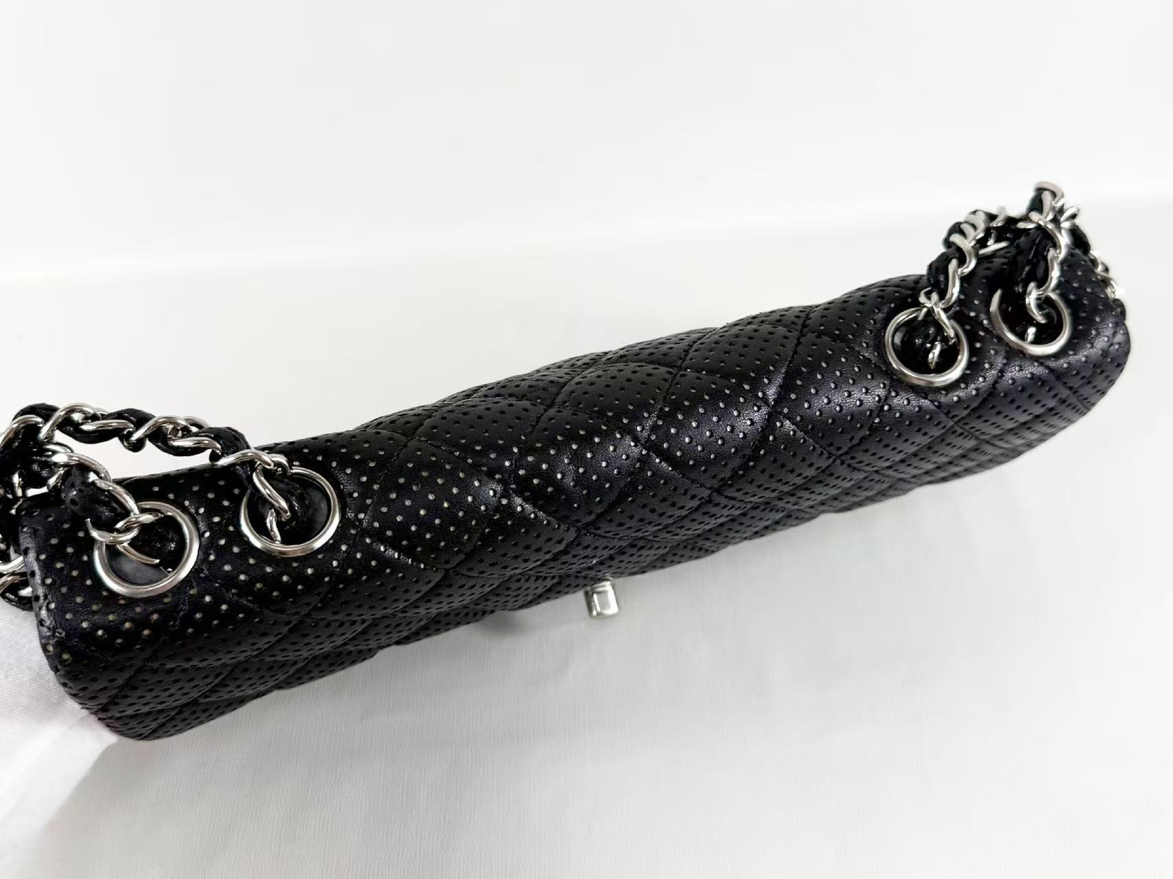 Black Matelassé East West Perforated Shoulder Bag, Approx. W25cm, Serial Number , with Dust Bag and Seal, Silver Hardware, Item Number 1156029 — view 12