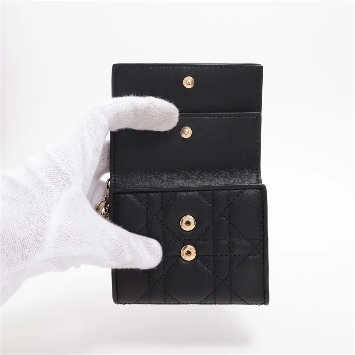 Lady Dior Cannage Leather Compact Wallet, Black — view 4