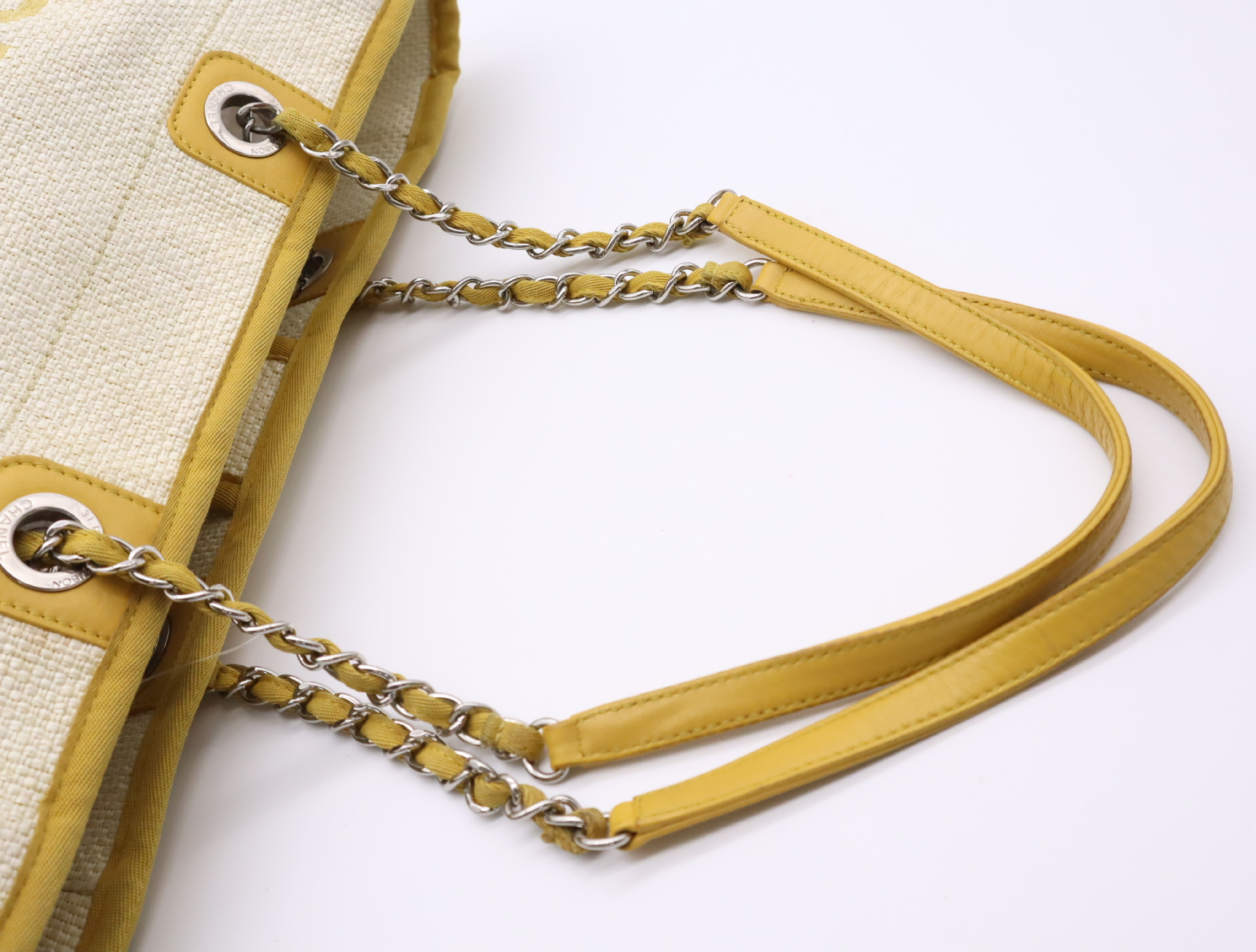Straw/Leather Deauville MM Chain Shoulder Bag, Beige/Yellow, Seal 21896504 (Shoulder Bag) — view 12