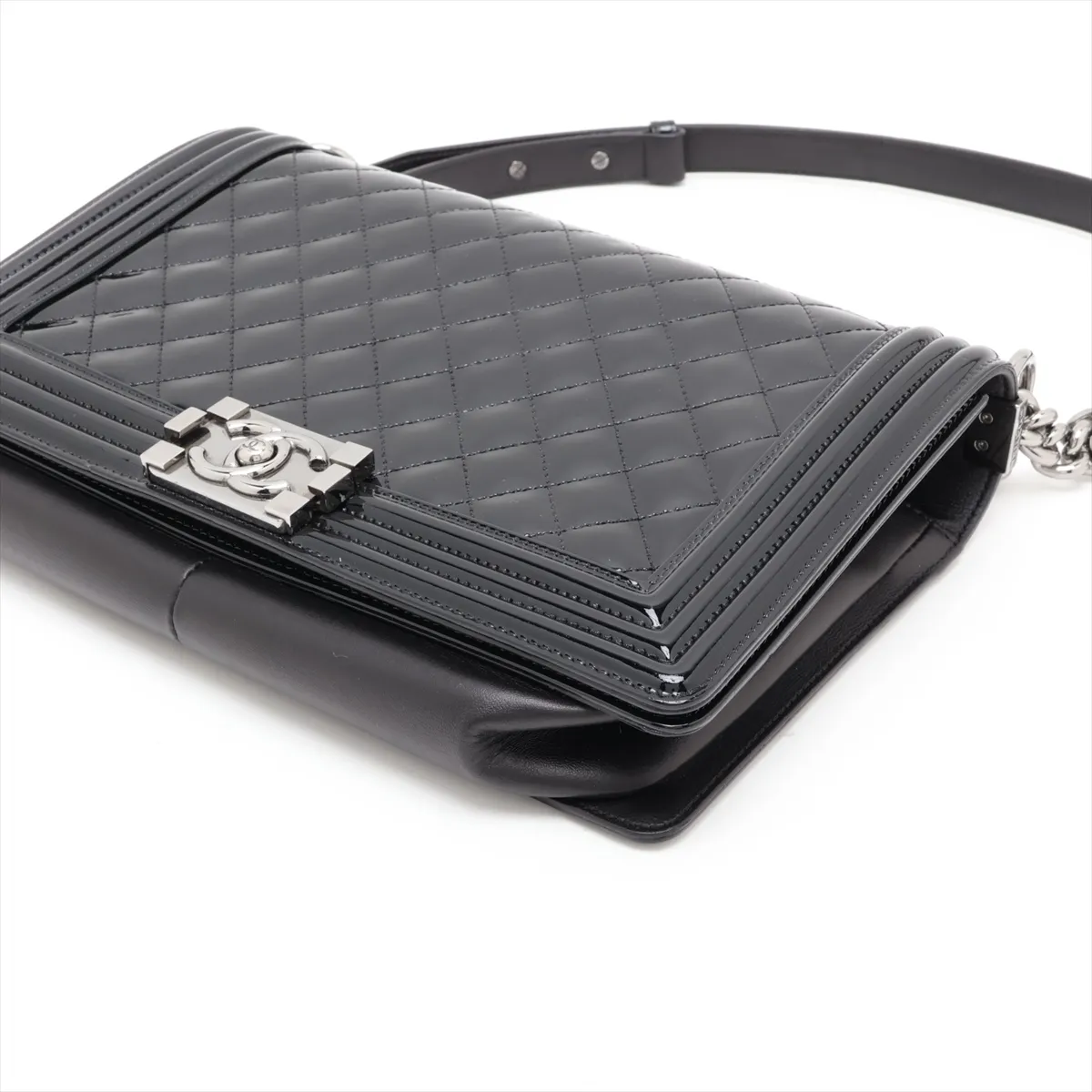 Boy Chanel 28 Large Patent Leather Chain Shoulder Bag, Black with Silver Hardware, 19669943, Serial Number 19-series, A92193 — view 3