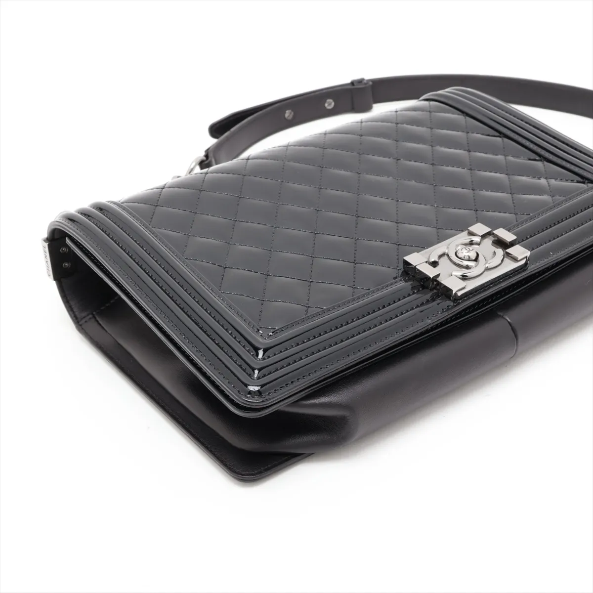 Boy Chanel 28 Large Patent Leather Chain Shoulder Bag, Black with Silver Hardware, 19669943, Serial Number 19-series, A92193 — view 4