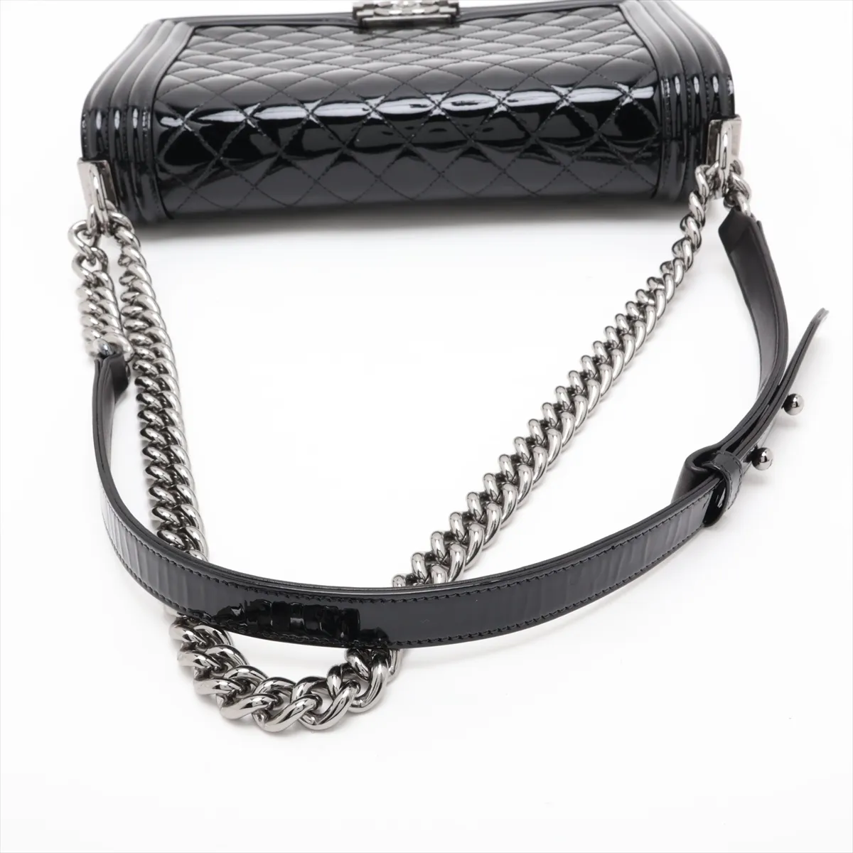 Boy Chanel 28 Large Patent Leather Chain Shoulder Bag, Black with Silver Hardware, 19669943, Serial Number 19-series, A92193 — view 5
