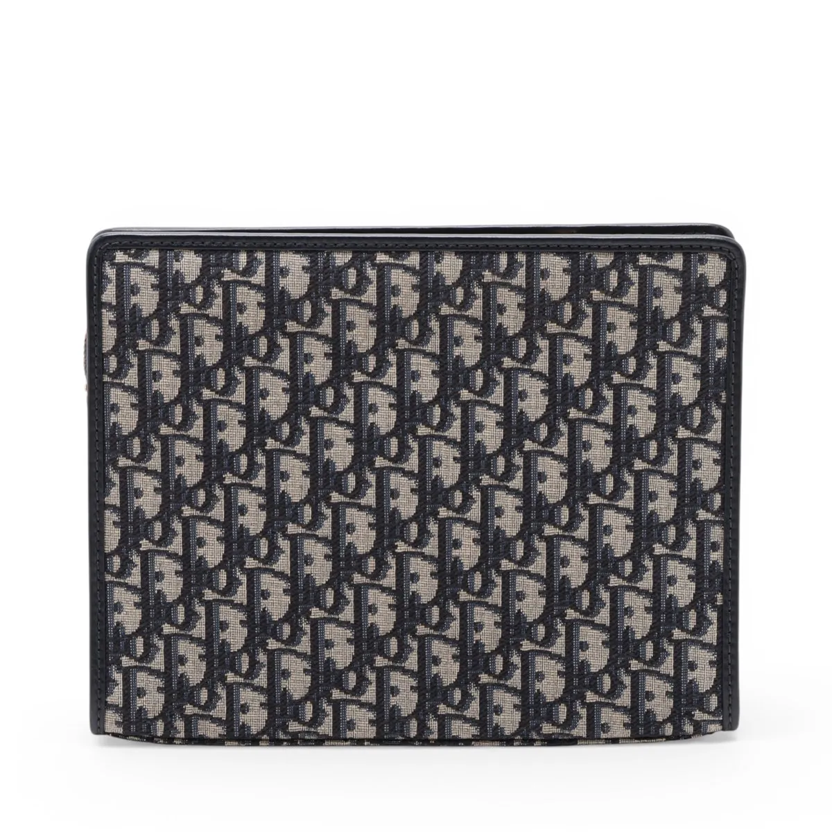Oblique Montaigne Canvas x Leather Clutch Bag, Navy — view 2