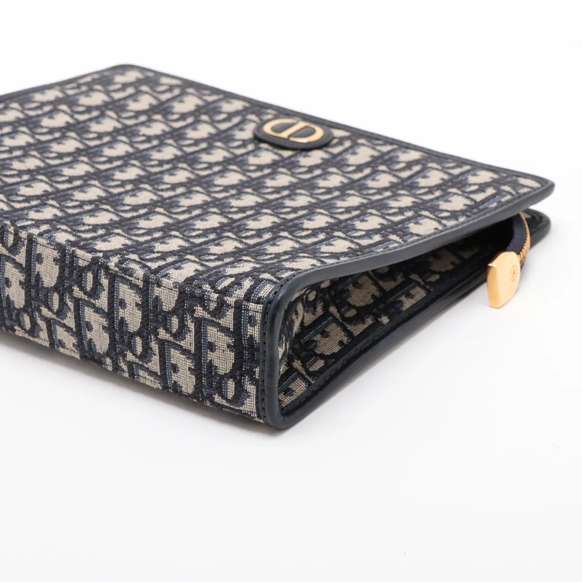 Oblique Montaigne Canvas x Leather Clutch Bag, Navy — view 3