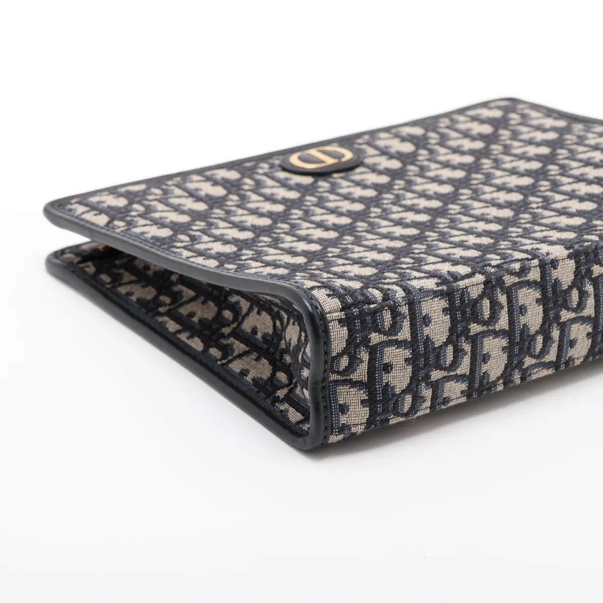 Oblique Montaigne Canvas x Leather Clutch Bag, Navy — view 4
