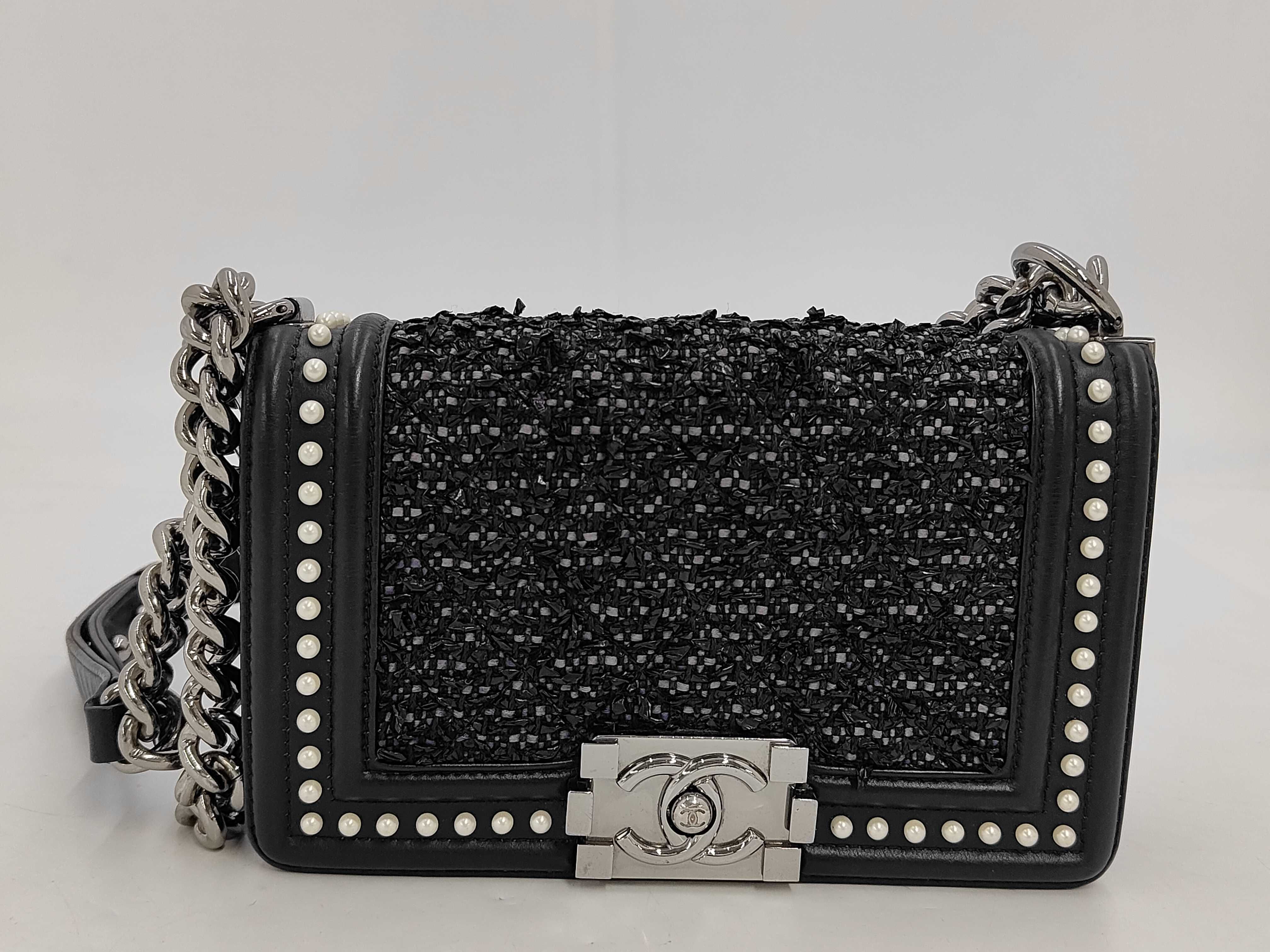 Boy Chanel 20 Pearl Chain Shoulder Bag, Lambskin, Black, Silver Hardware, 26432581 Shoulder Bag