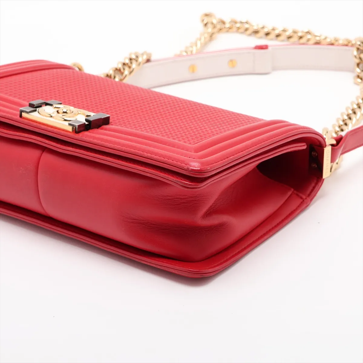 Boy Chanel 25 Leather Chain Shoulder Bag, Red with Gold Hardware, 18982104 (Serial Number 18-series), A67086 — view 3