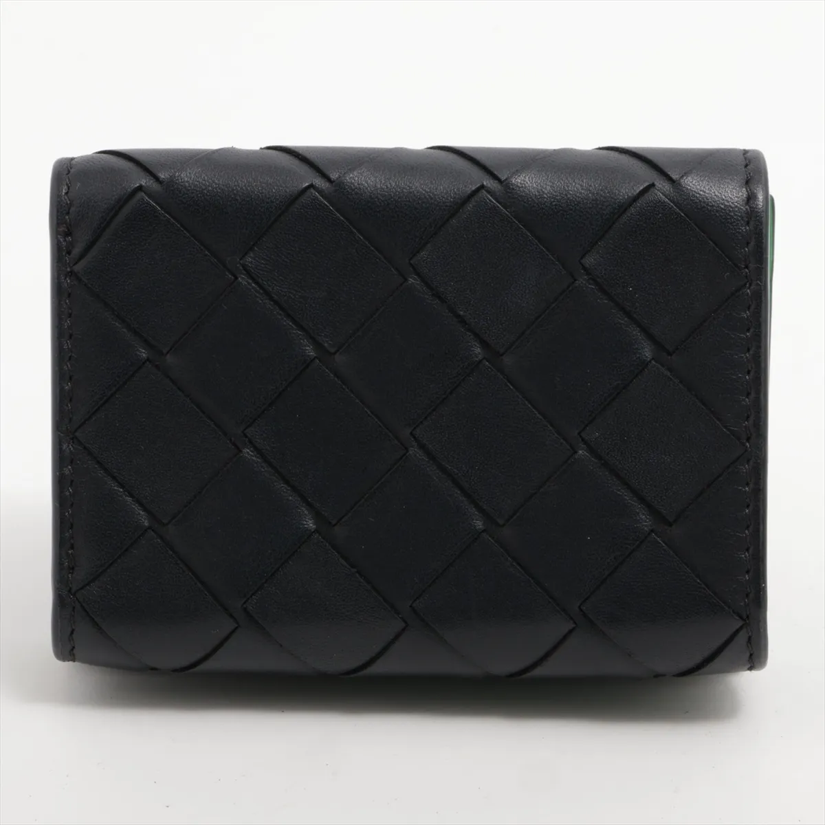 Intrecciato Leather Compact Wallet Black x Green — view 2