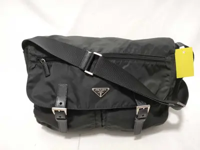 Nylon Messenger Bag with Triangle Logo, Black Shoulder Bag