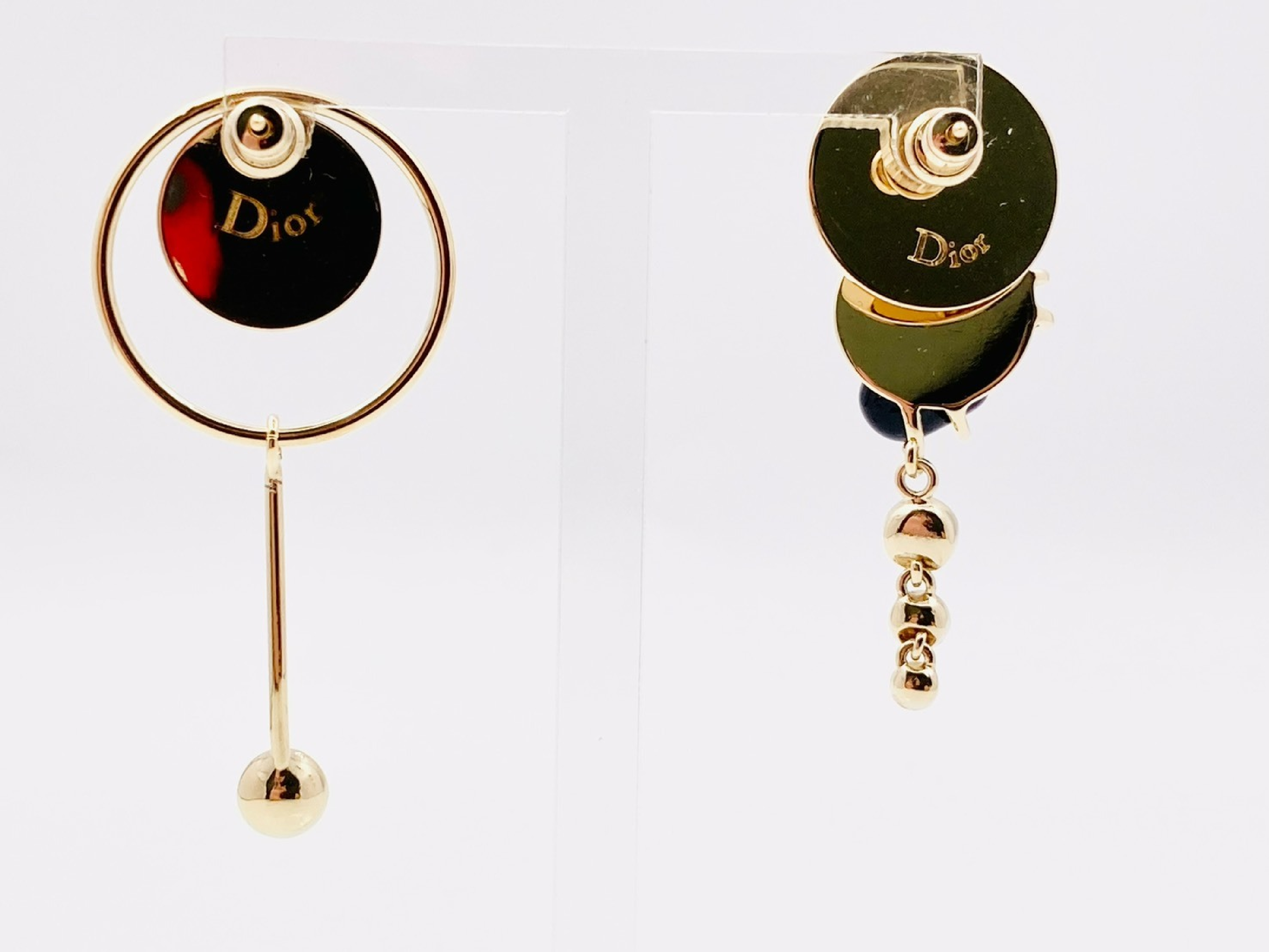 Colored Stone x Rhinestone Round Circle Asymmetrical Swing Earrings — view 2