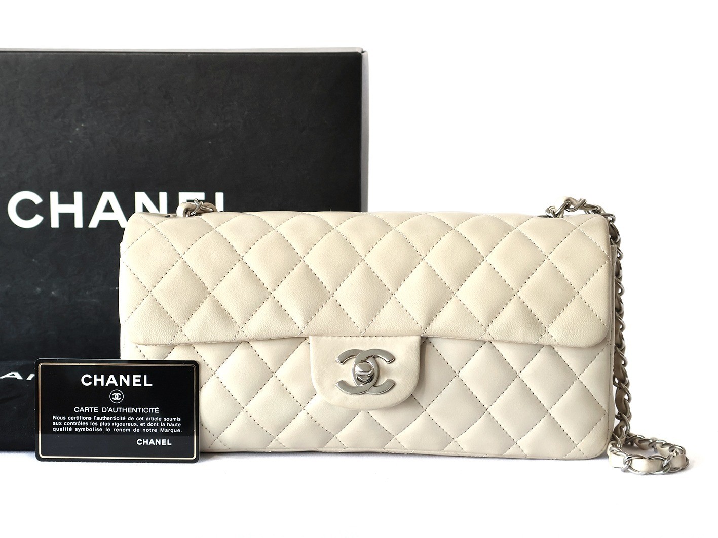 Matelassé Lambskin Double Chain Shoulder Bag, Off-White