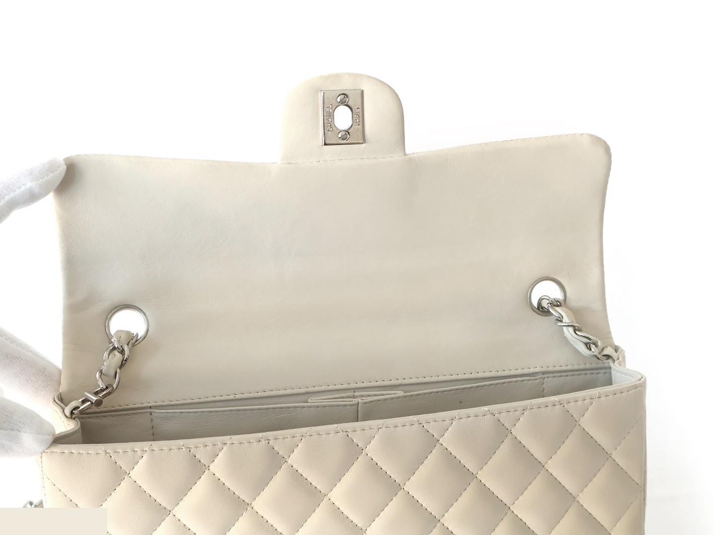 Matelassé Lambskin Double Chain Shoulder Bag, Off-White — view 10