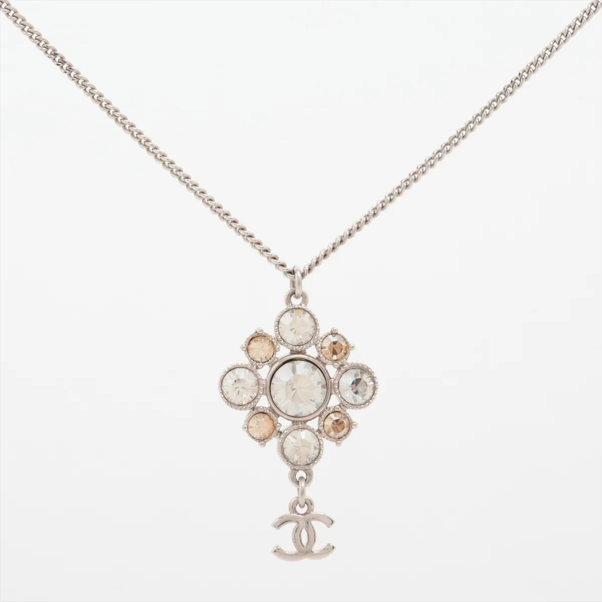 Coco Mark A11V Necklace, GP x Rhinestone, Silver. Shows signs of wear, tarnishing,