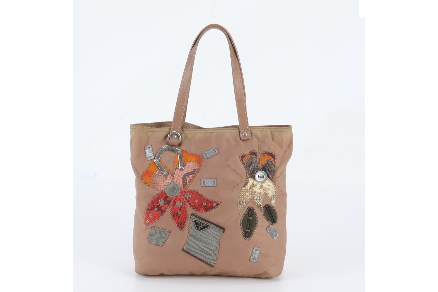 Tessuto Nylon Saffiano Python Leather Embroidered Tote Bag