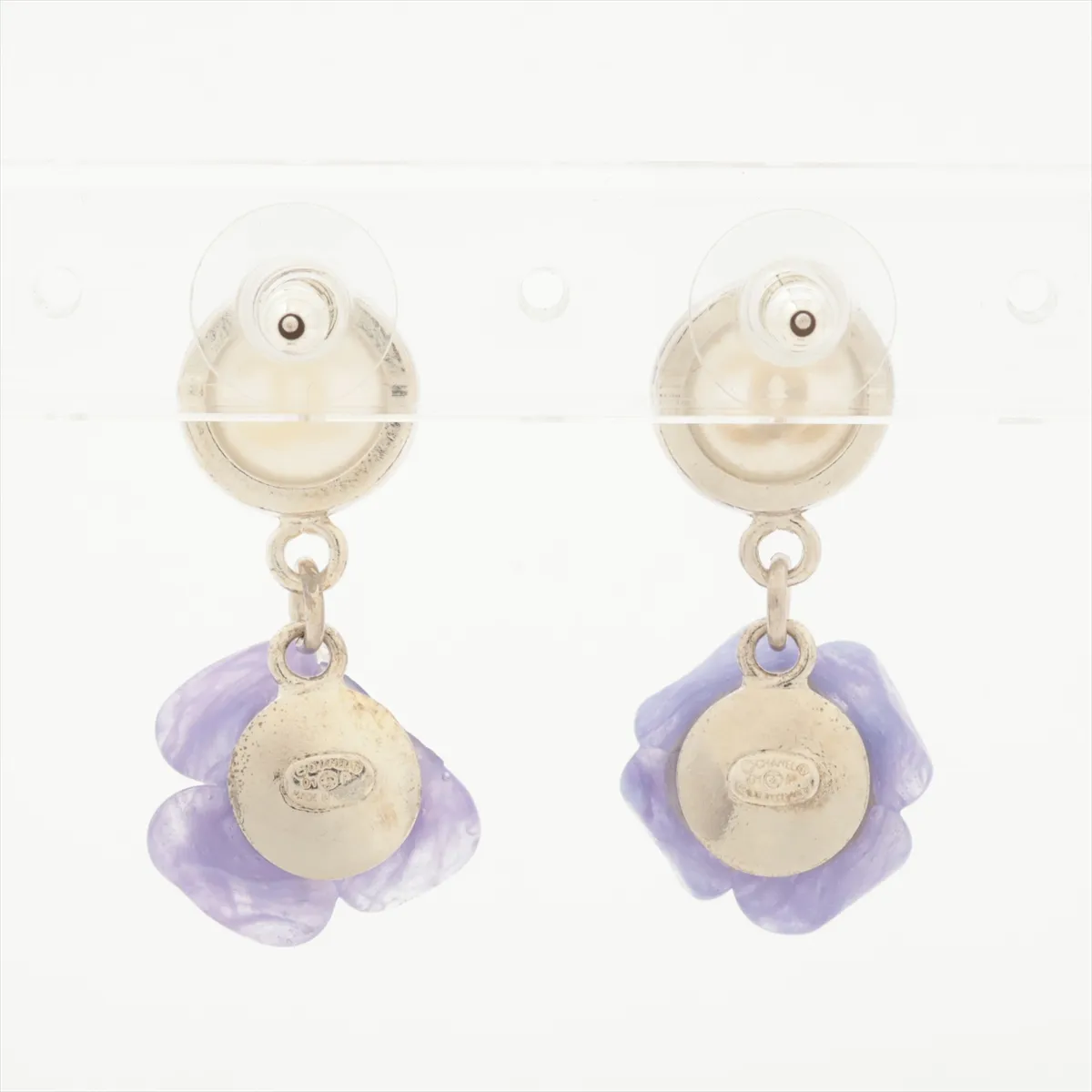 Coco Mark Camellia 01P Earrings (Pair) Metal x Resin Silver x Purple Petal chipped, — view 2