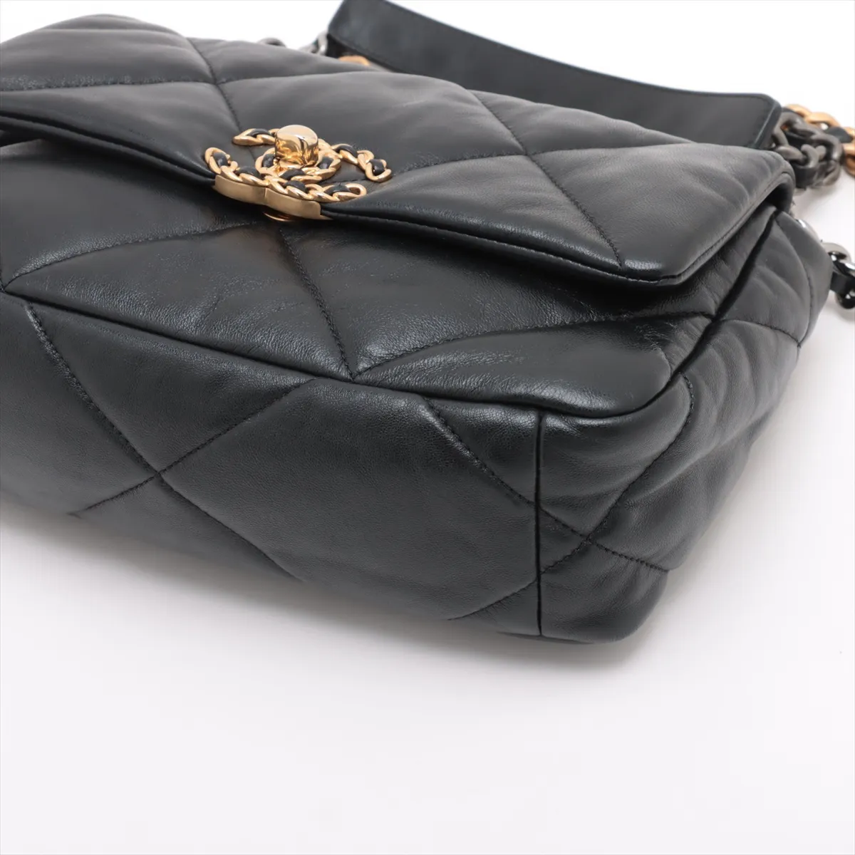 19 Maxi Lambskin Chain Shoulder Bag, Black with Gold and Silver Hardware, AS1160 — view 3