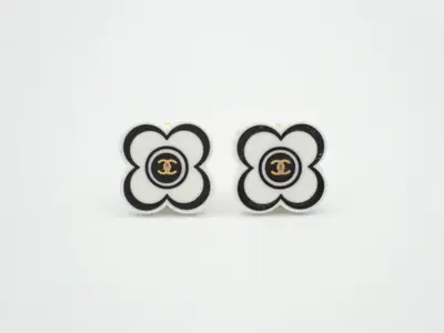 Camellia Collection Earrings, Coco Mark, White/Black, 02P