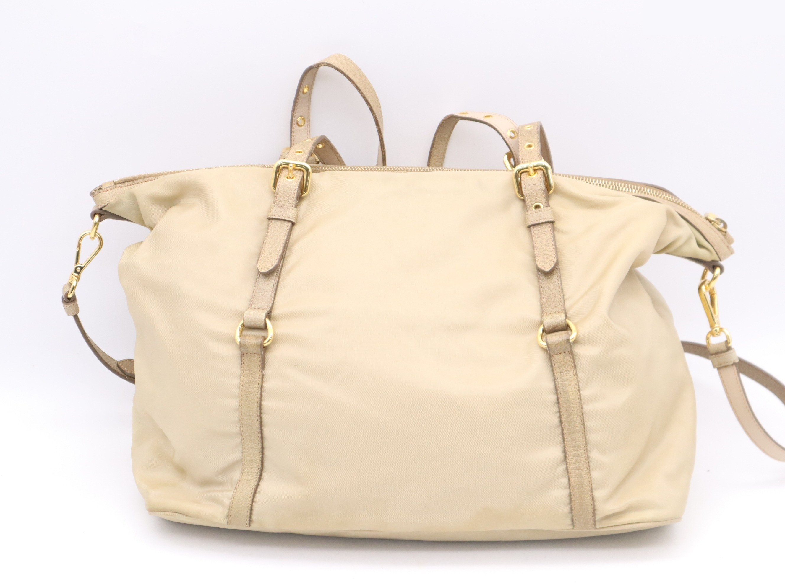 Nylon x Leather 2-Way Tote Bag, Albino Beige, with Shoulder Strap — view 2