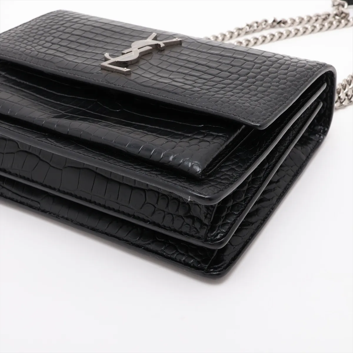 Sunset Crocodile Embossed Chain Shoulder Bag, Black 442906 — view 3