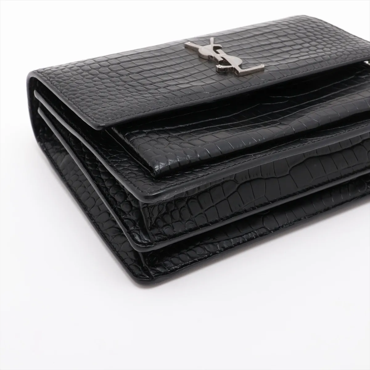 Sunset Crocodile Embossed Chain Shoulder Bag, Black 442906 — view 4