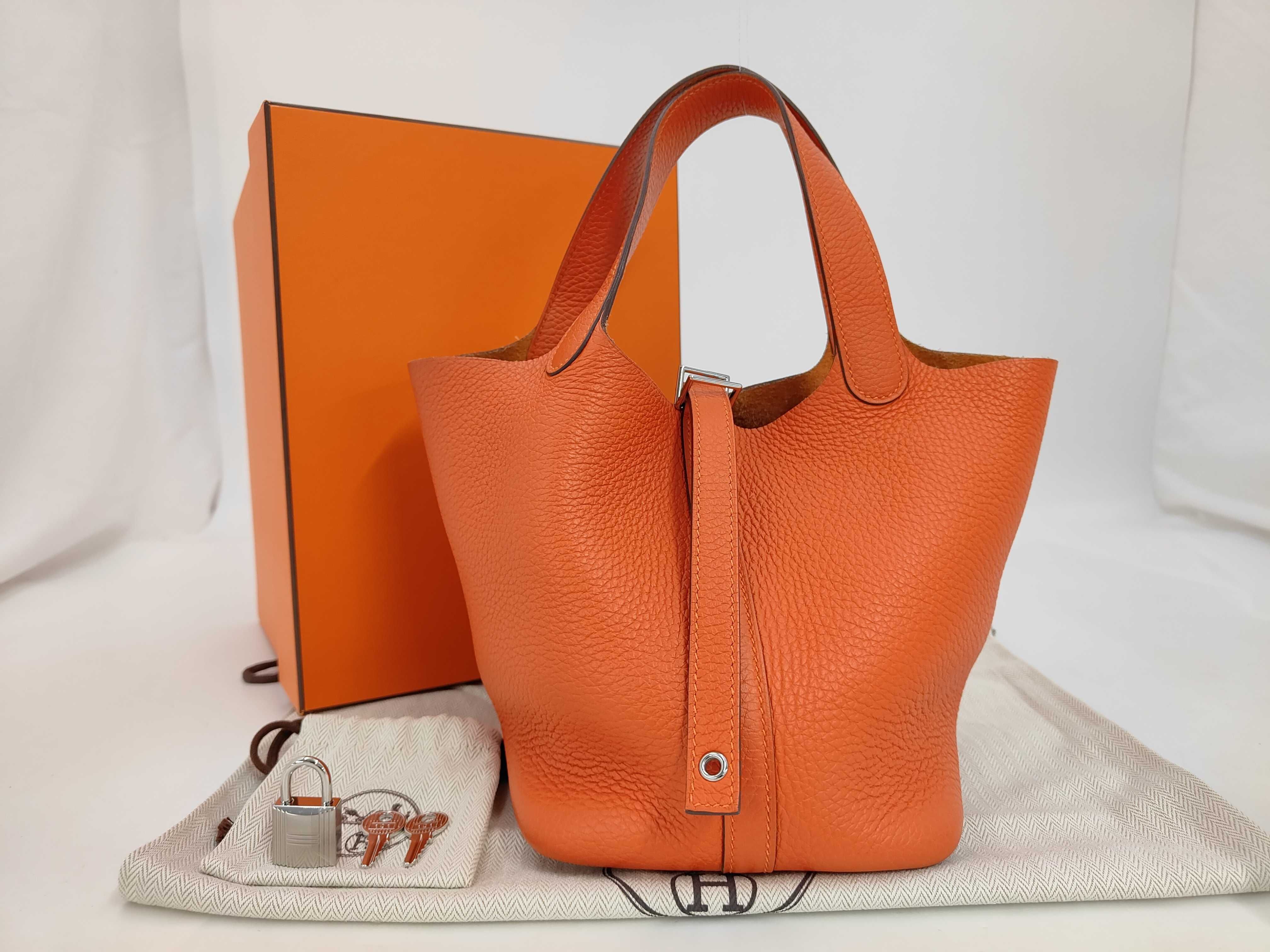 Picotin Lock PM Taurillon Clemence Orange Poppy U Stamp Handbag