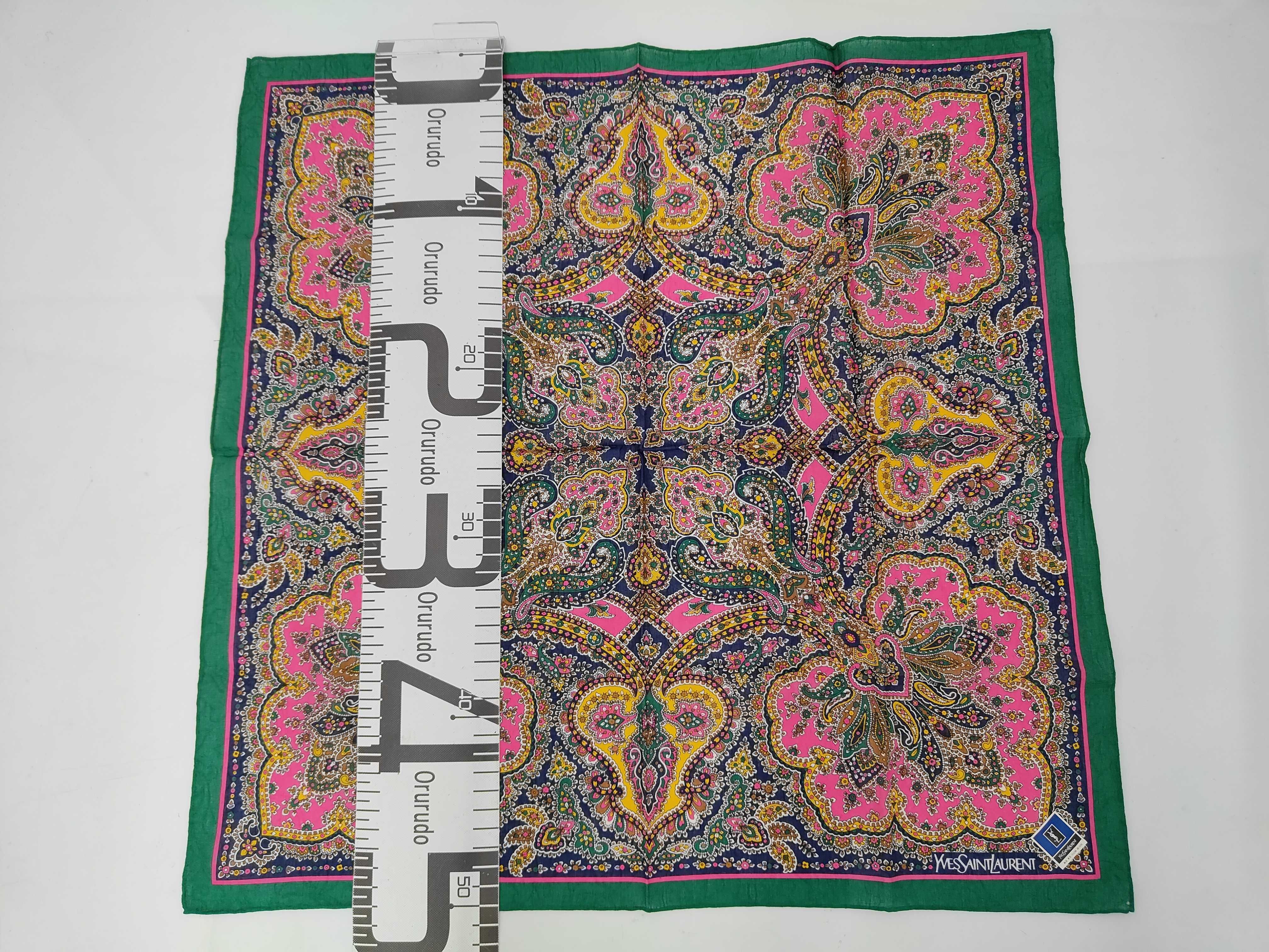 handkerchief/scarf with sticker, paisley pattern, green, and other accessories. — view 2