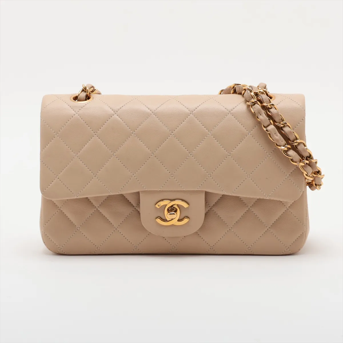 Matelassé 23 Lambskin Double Flap Double Chain Bag, Beige, Gold Hardware, 3266652, Series 3, A01113