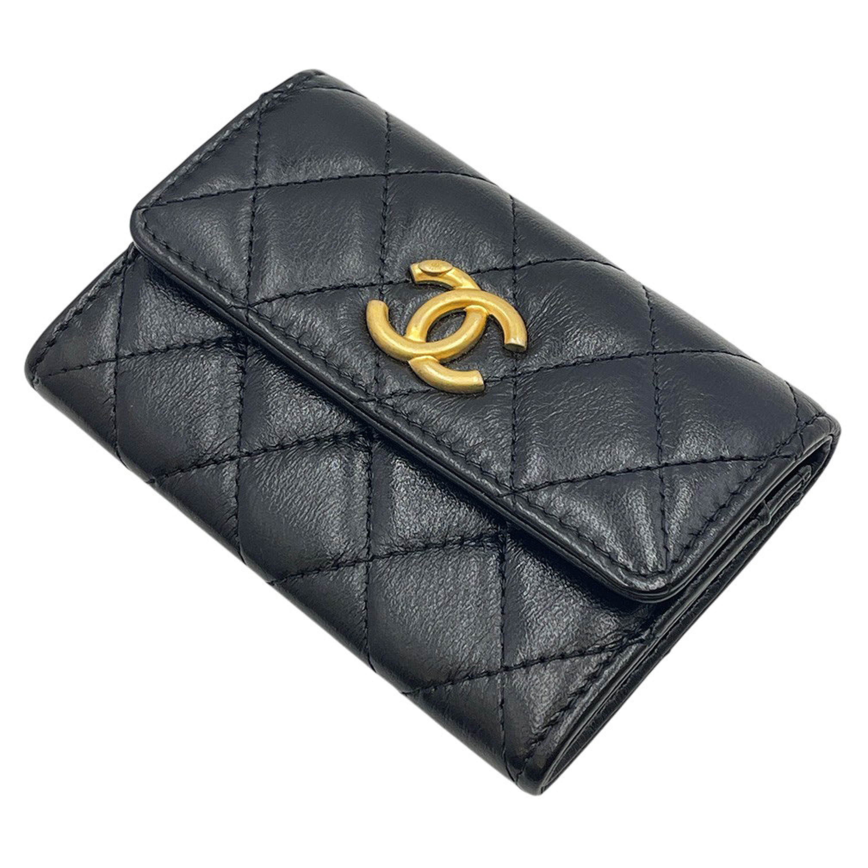 Women's Card Case, Business Card Holder, Lambskin Leather, Genuine Leather, Logo, Coco Mark CC, Black. — view 2