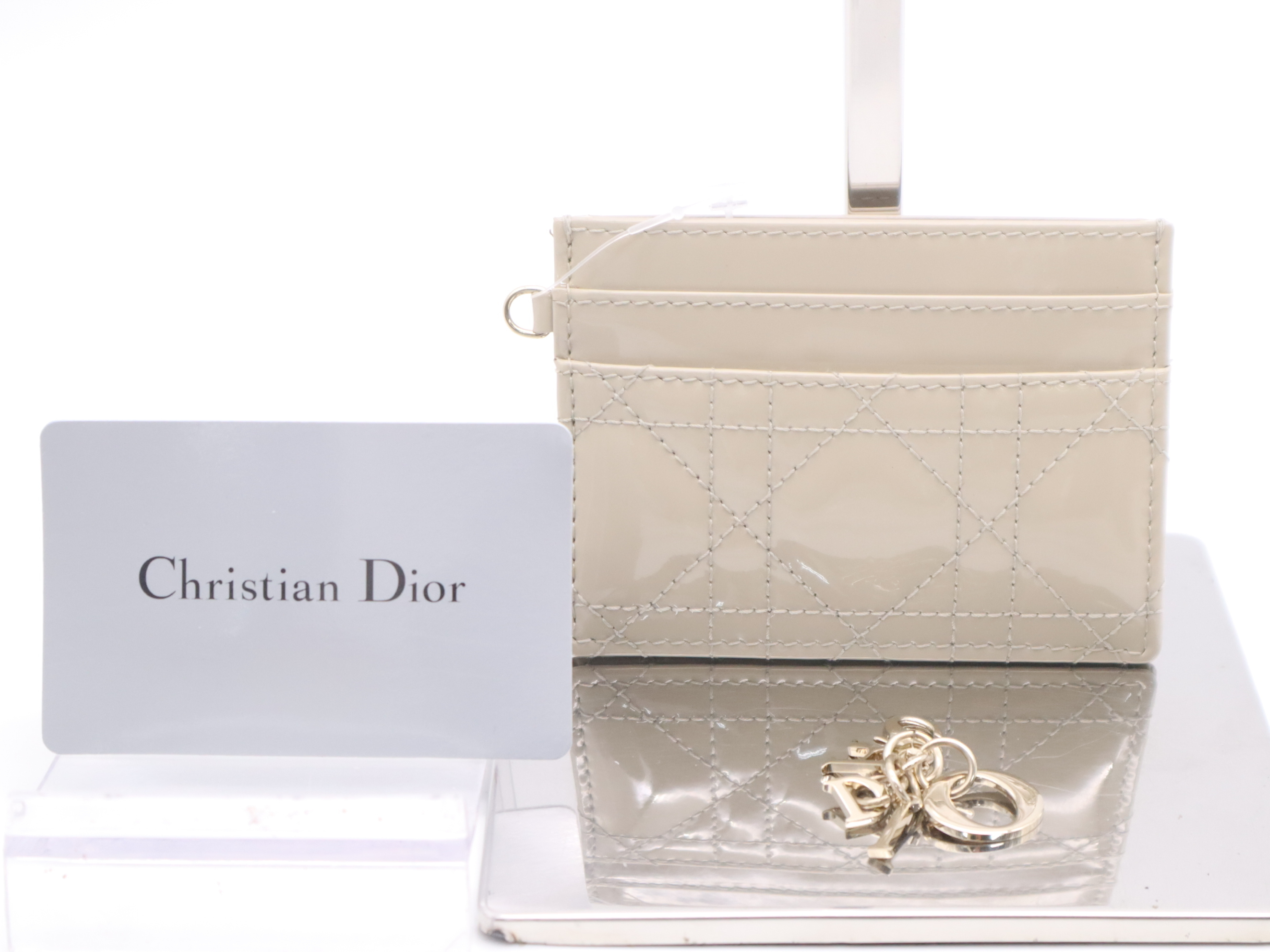 Patent Leather Freesia Card Holder, Beige, with Charm and Warranty Card. (Card Case, Pass Case, Business Card Holder)