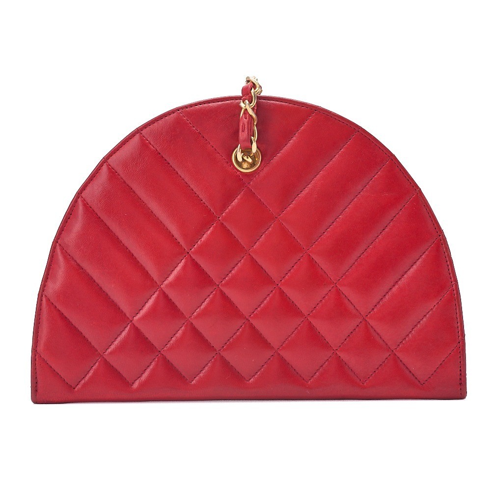 Lambskin Matelassé Half-Moon Diamond Charm Chain Shoulder Bag, Red, G
