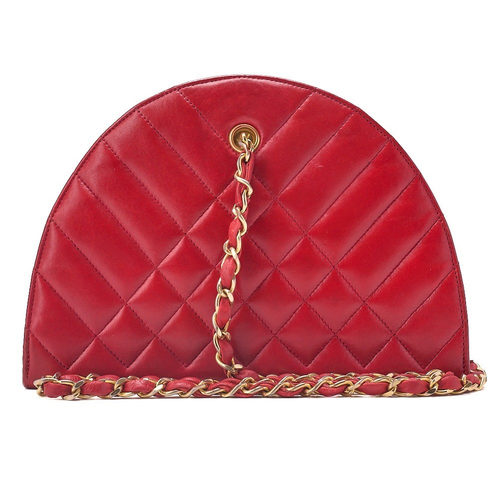 Lambskin Matelassé Half-Moon Diamond Charm Chain Shoulder Bag, Red, G — view 2