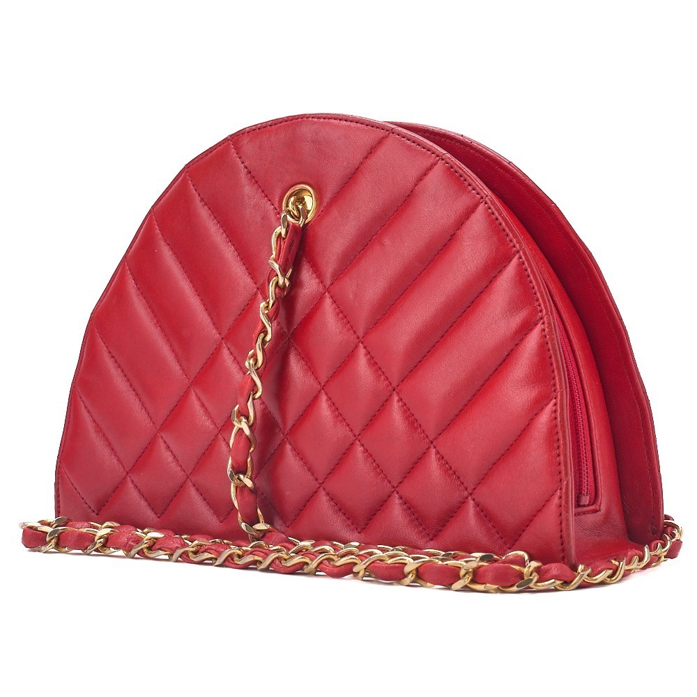 Lambskin Matelassé Half-Moon Diamond Charm Chain Shoulder Bag, Red, G — view 3