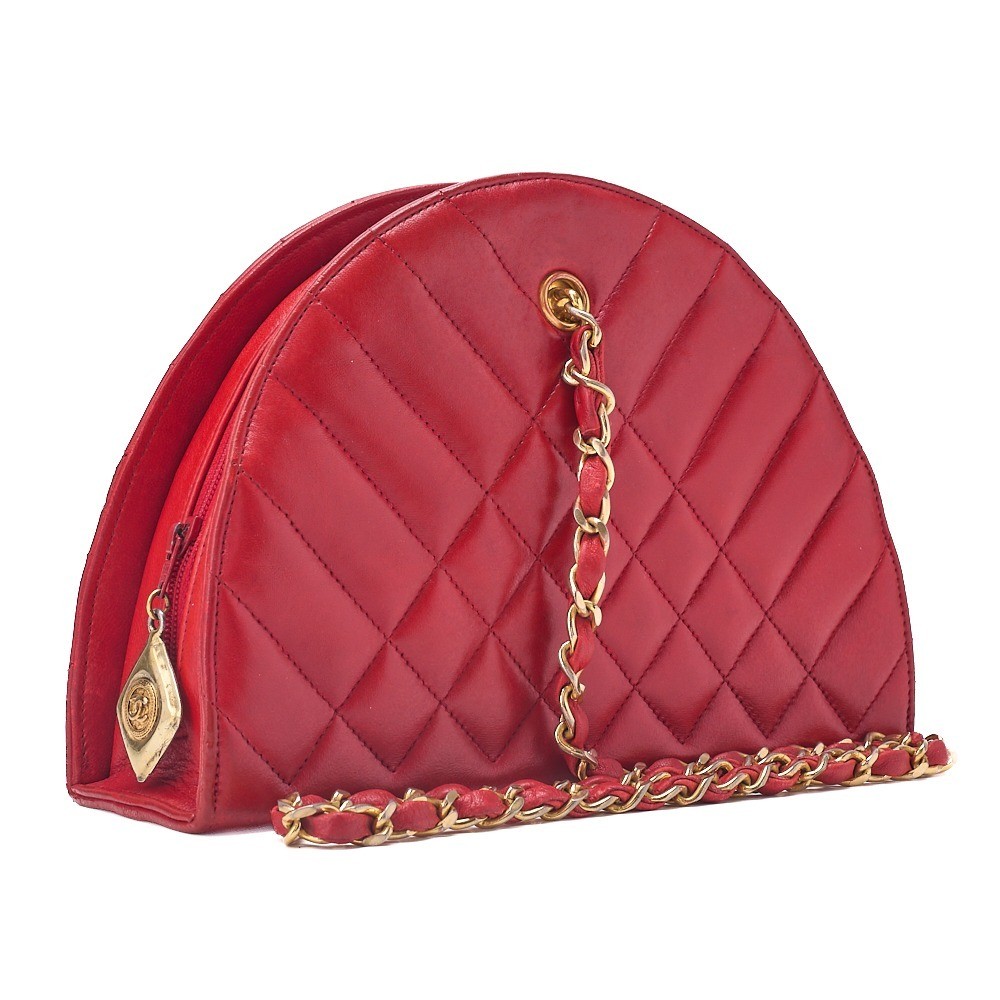 Lambskin Matelassé Half-Moon Diamond Charm Chain Shoulder Bag, Red, G — view 4