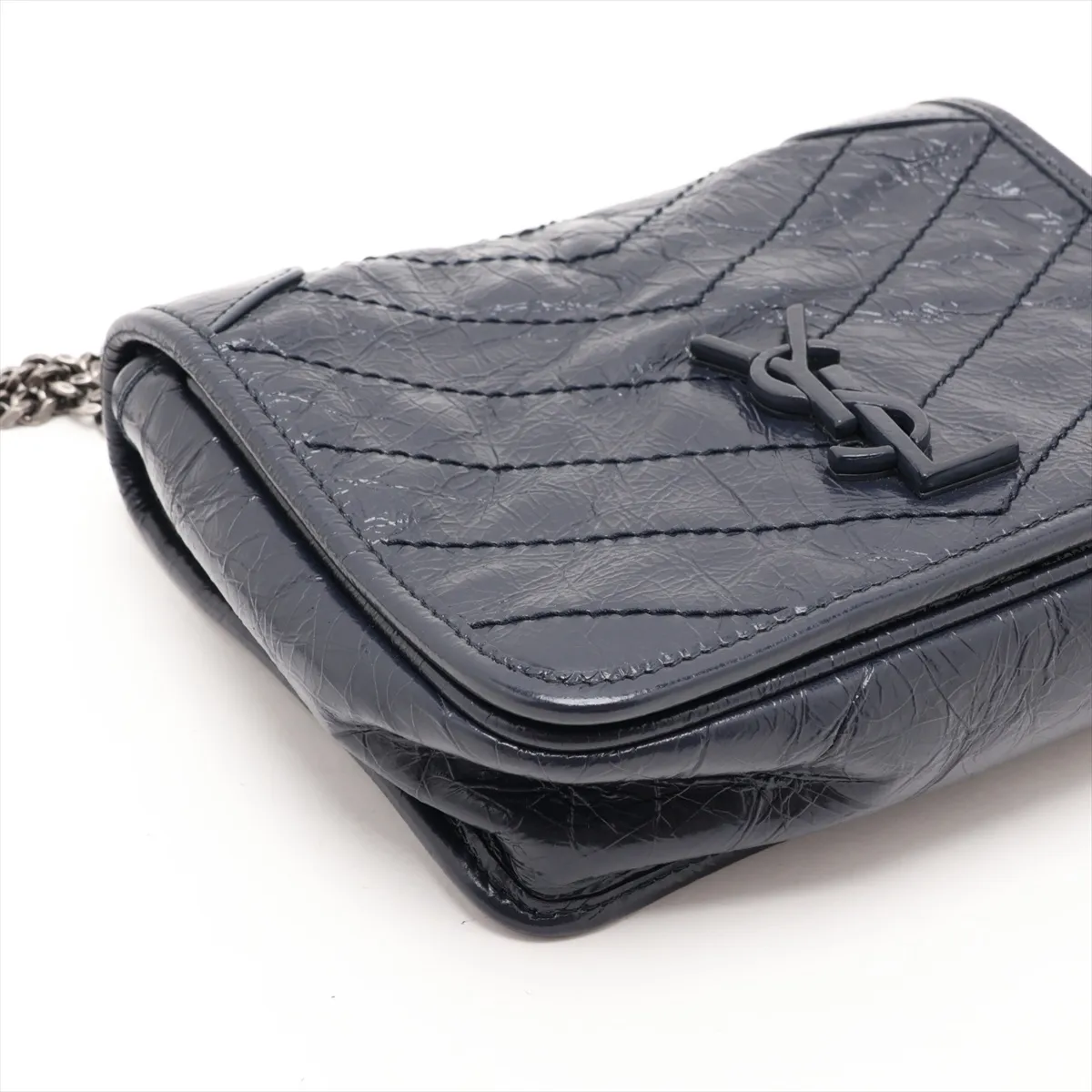 Niki 583103 Leather Chain Shoulder Bag, Navy — view 4