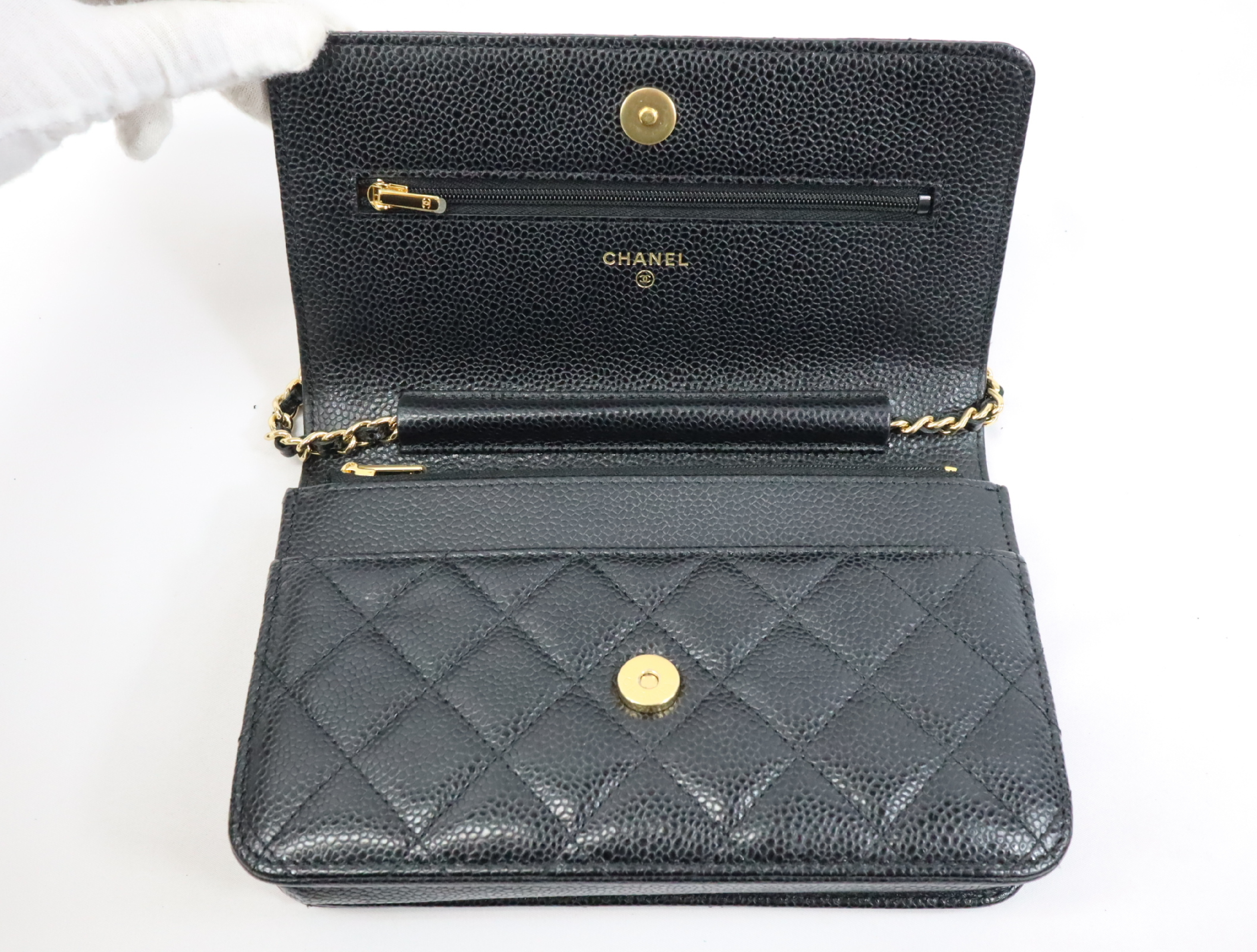Matelassé Caviar Skin Chain Wallet, Black with Gold Hardware, Serial Number 30s, AP0250, Shoulder Bag — view 12