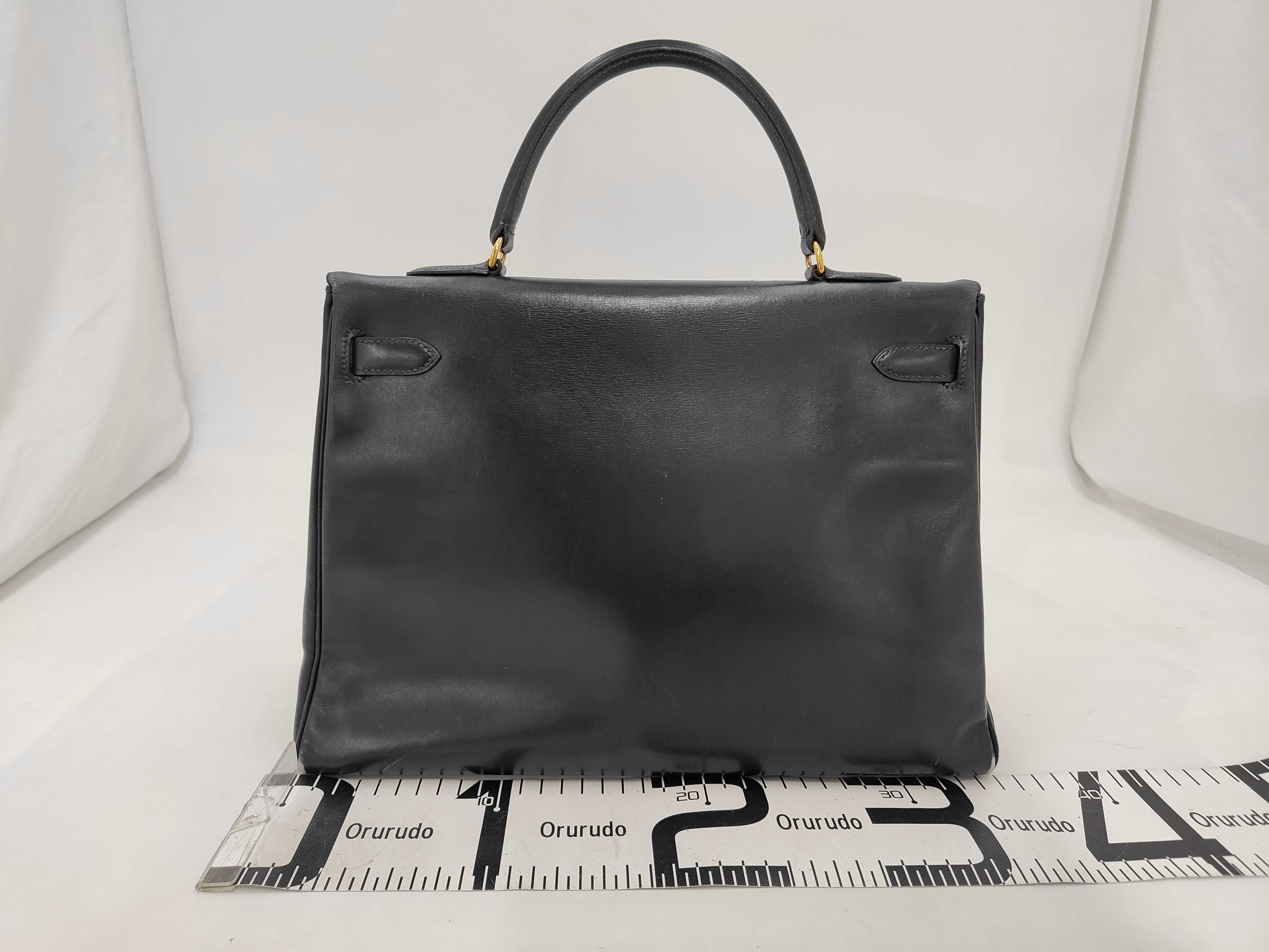 Kelly 35 Leather Navy Handbag with Strap ( X Stamp) — view 2