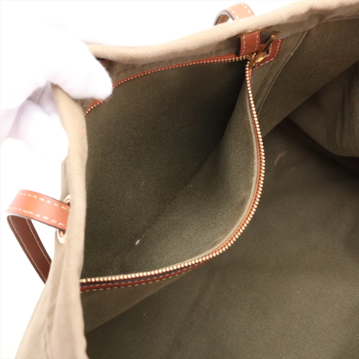 Square Cabas Canvas x Leather Tote Bag, Khaki x Brown — view 8