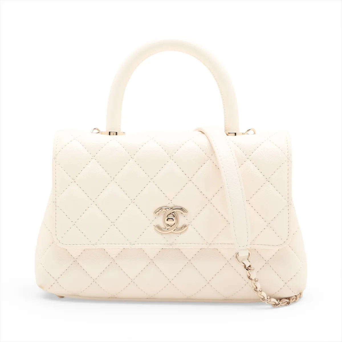 Coco Handle 24 XS Caviar Skin 2-Way Handbag, White with Gold Hardware, H2XLU24K, Random Plate, A92990